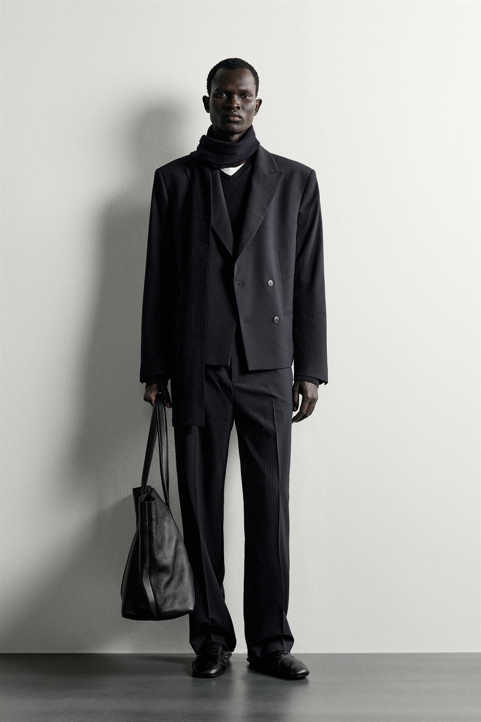 CROPPED-FIT PINSTRIPE SUIT BLAZER